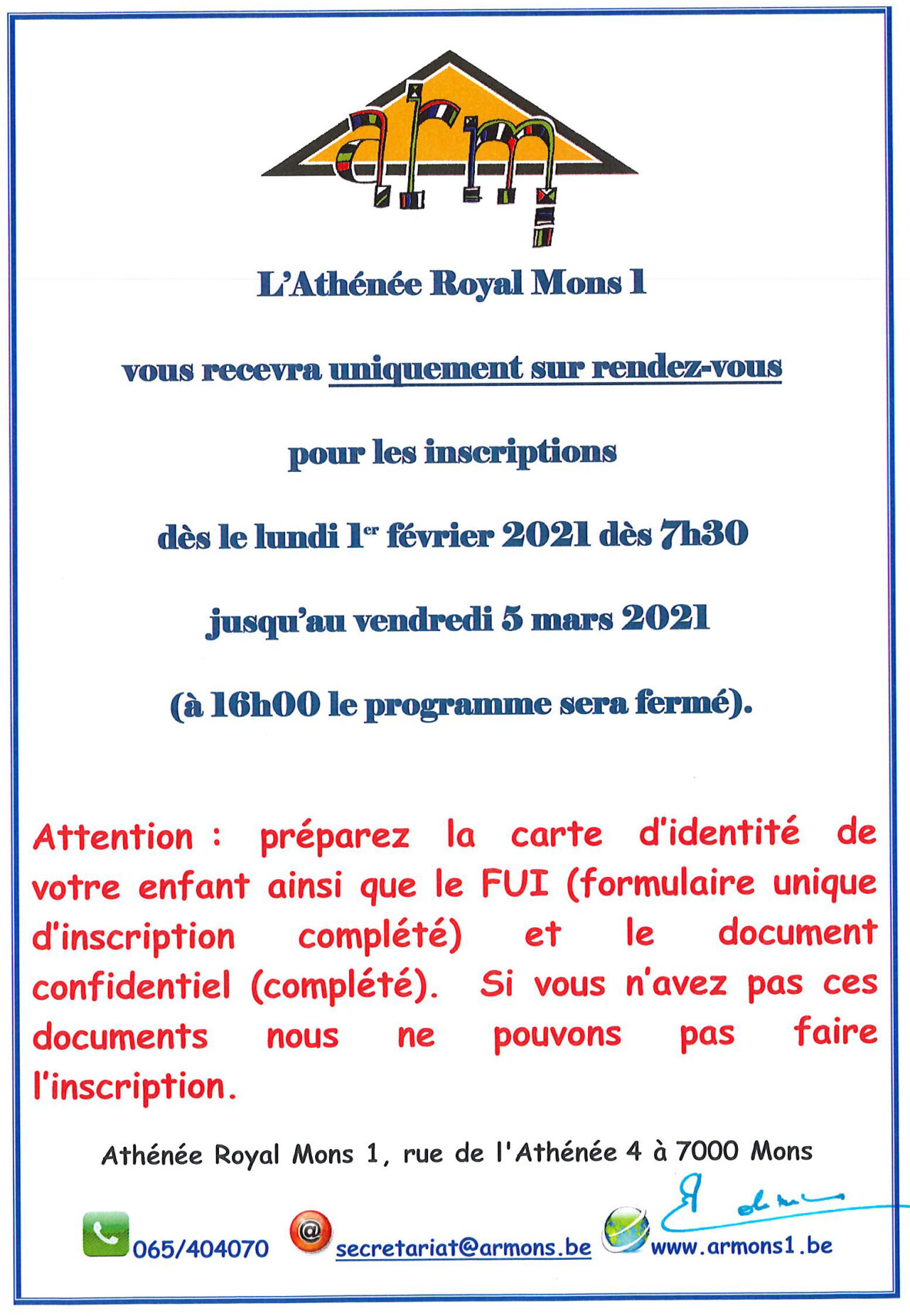 Inscriptions 1ere | Athénée Royal De Mons 1